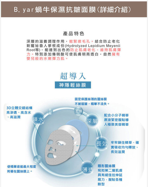 女人 知己 試用 大隊 蓓亞 B.yar 蝸牛 保濕 抗皺 面膜 妝前急救 舒緩 改善暗沉 緊緻毛孔 防止肌膚老化 無酒精 無香精 無螢光劑  chialo